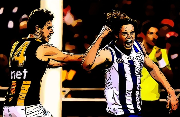 Ben Brown celebrates a goal in the Kangaroos victory over Hawthorn in 2014. It is one of The Pinch Hitters Top Five Kangaroos Victories of the 21st Century