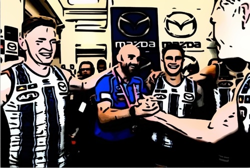 Rhyce Shaw celebrates the Kangaroos victory in Round 11 2019. It is one of The Pinch Hitters Top Five Kangaroos Victories of the 21st Century.