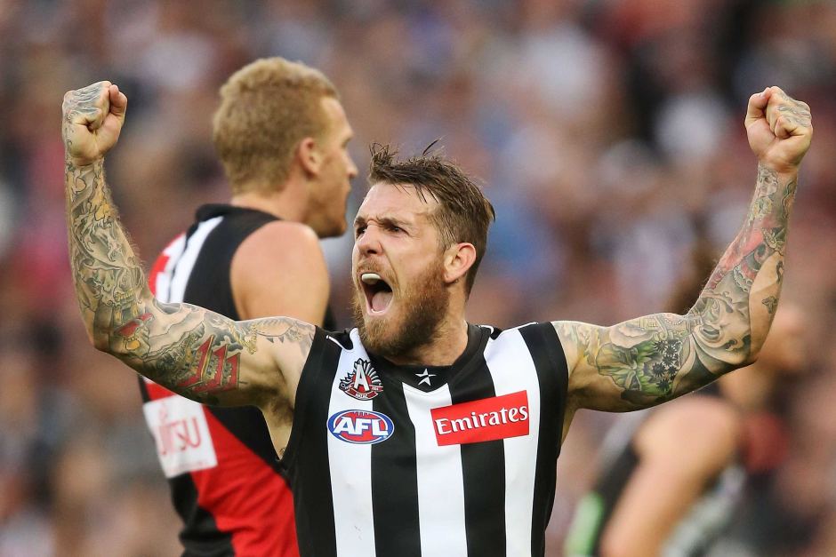 Dane Swan celebrates during the 2014 Anzac Day match. Pinch Hitters Top Six Collingwood Moments of the 2010's.